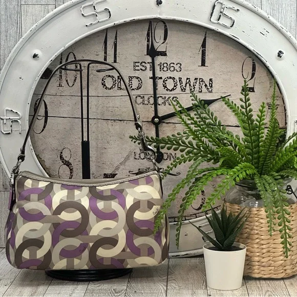 COACH - Mini Madison Op Art Shoulder Handbag Purple Silver Cream & Gray - Picture 4 of 15